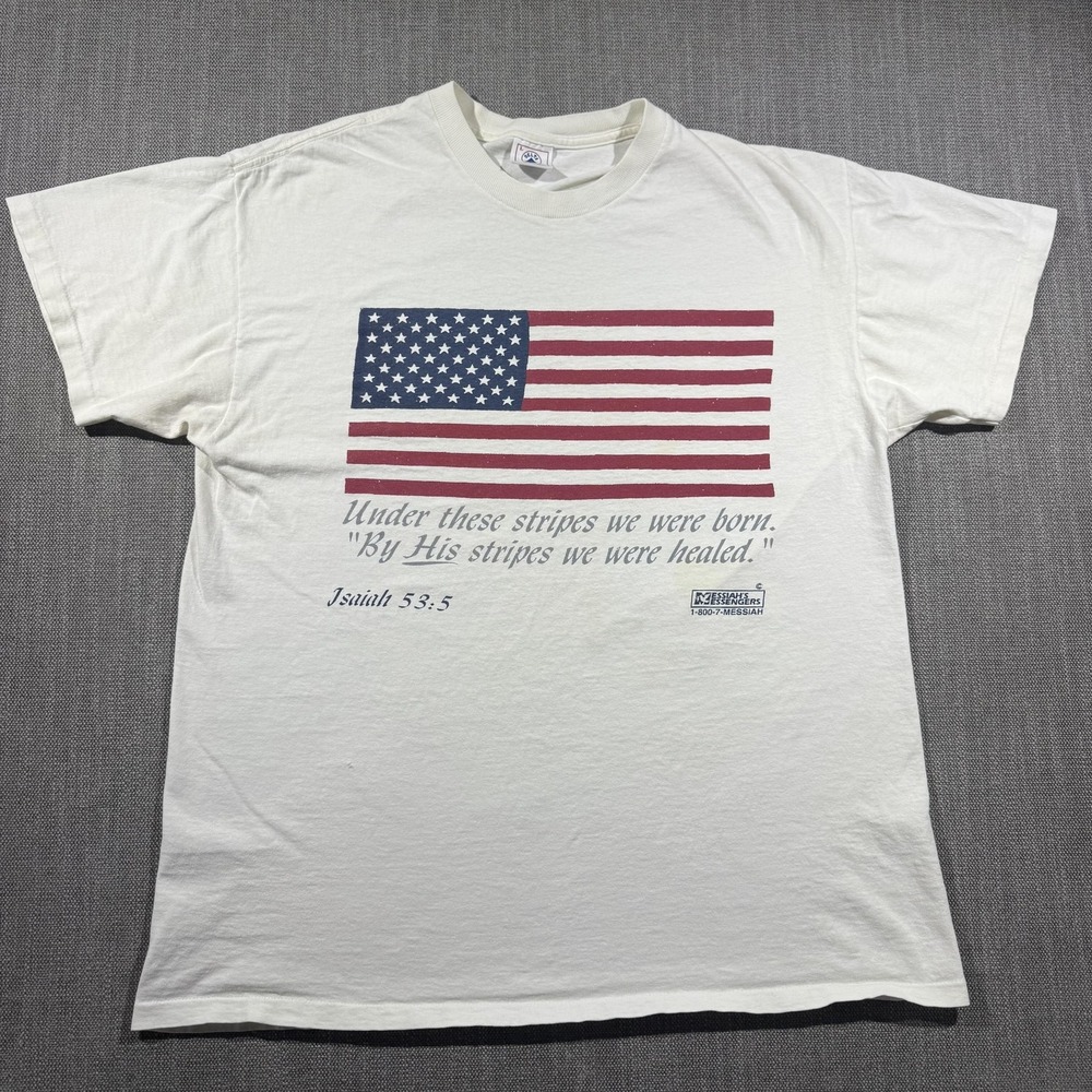 Vintage American Flag Shirt Mens Large White Isaiah 53:5 Christian Delta 90s